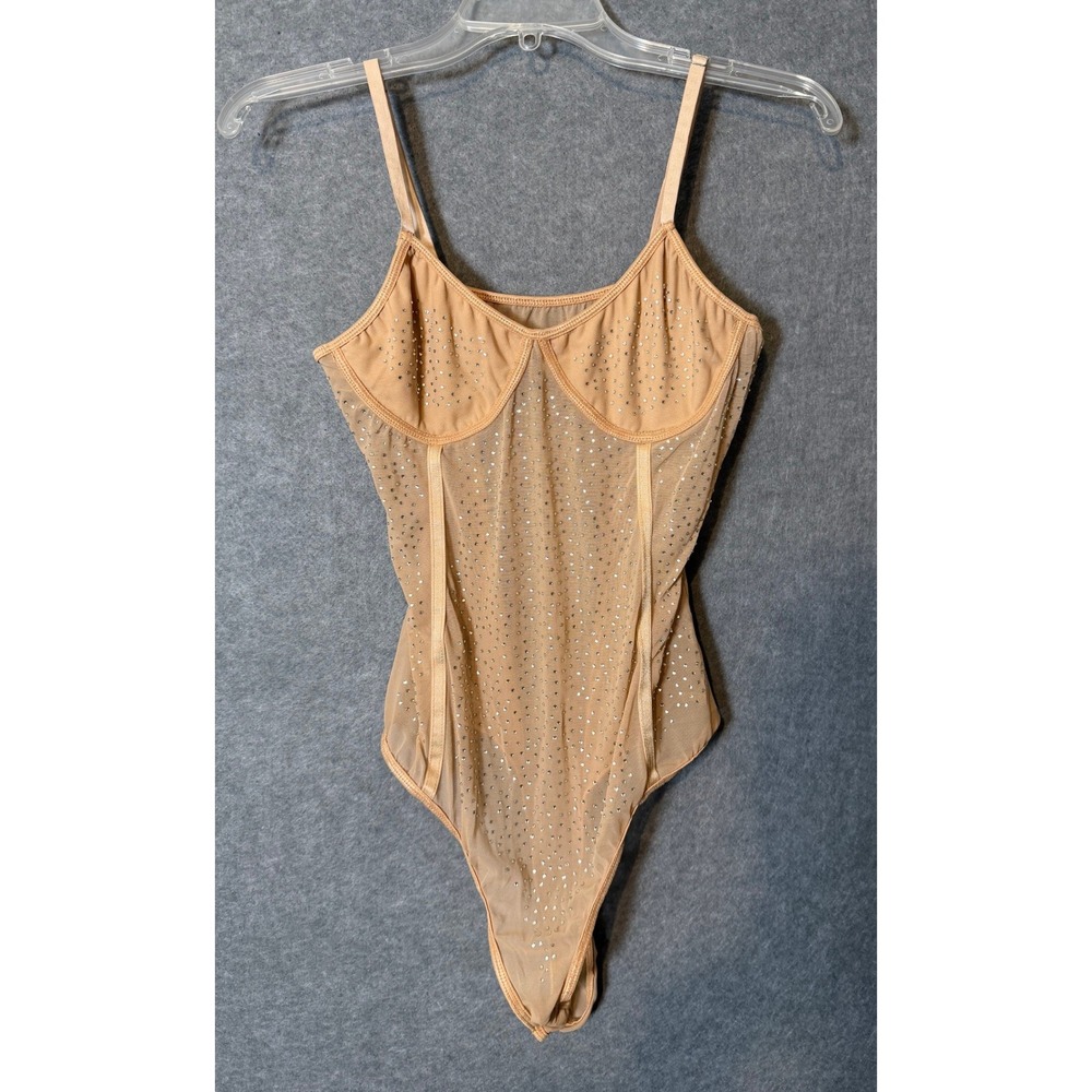 Bodysuit Large Nude Rhinestone Mesh Sheer Bustier Corset Top Sparkly Glam Party